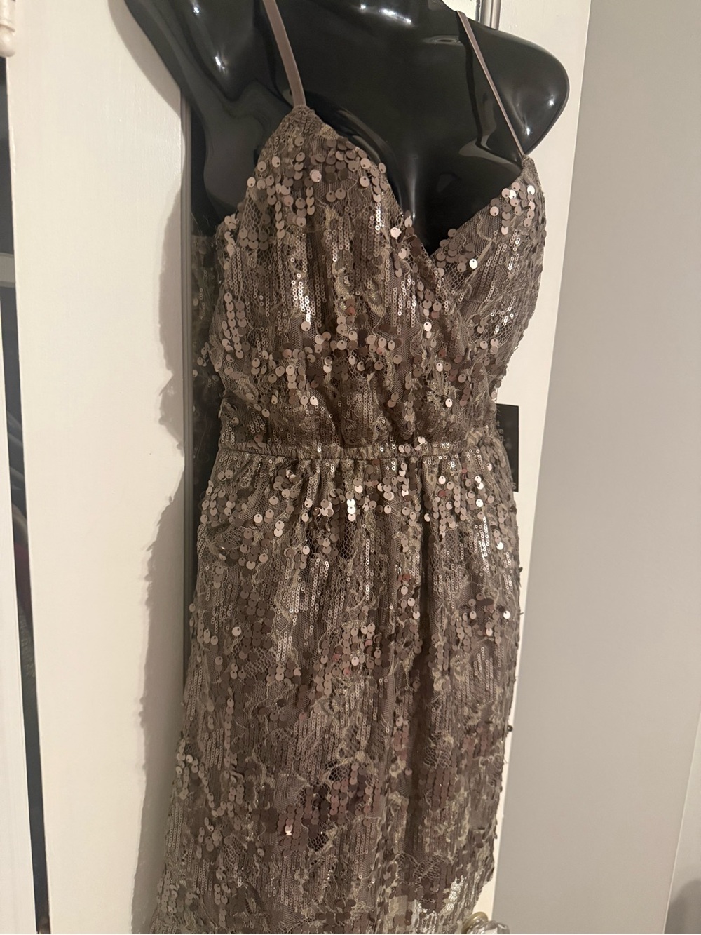 NWT Express Taupe Champagne Sequin Lace Crossover Surplice Slip Dress XS